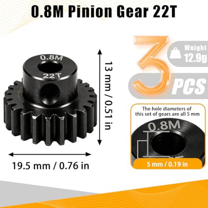 3-Pack Steel Metal 0.8M 5mm Pinion Motor Gear Sets 22T Compatible with HPI Kyosho Losi Axial Tamiya 1/8 1/10 RC Car Monster Truck Buggy, 0.8 Module Gear for Traxxsa Arrma - style: 3Pcs 22T