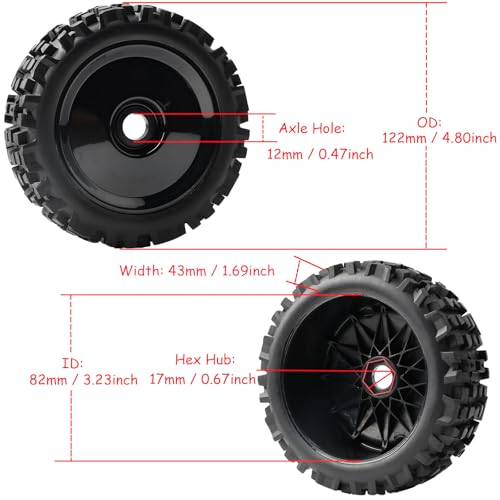 Preglued 1/8 Scale RC Buggy Truggy Tires & Wheels Set 17mm Hex Wheels Tyres- All-Terrain Deep Tread, Compatible with 1/8 Arrma Typhon, Losi, Team Associated, HPI (black rims) - color: black solid-dish rc wheels