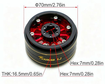 1.3 Beadlock Wheels & Brass Rim 46.5g Offset-3mm for 1/18 1/24 RC TF (Red Black) - color: Red Black