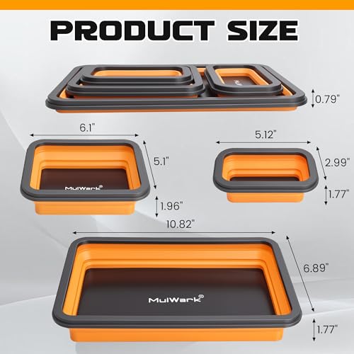 MULWARK 4Pcs Collapsible Magnetic Tray with 15Lb Magnetic Pickup Tool, 3 Sizes Silicone Magnetic Parts Tray for Organizing Screw Bolts Nuts Washers Pins Repair Tools Workshop
