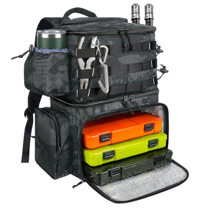 MATEIN Fishing Backpack, Tackle Storage Bag with Rod Holders & Cooler | Water Resistant Fishing Bag Fits 4 3600 Trays, Large Wide Open Tackle Box Backpack, Gifts for Fishermen - color: Camouflage