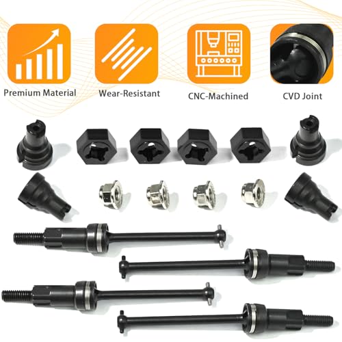 Hardened Steel CVD Drive Shafts Set with Adapters, Nuts, Center Drive Cups, Front Rear Dogbone Driveshaft Axles Upgrades Part for 1/16 Mojave Grom ARA2304, ARA2304S, ARA2104 (Black,Black) - color: Black-black