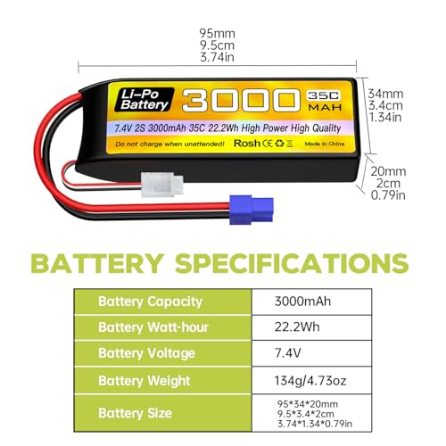 sea jump 2S Lipo Battery 7.4V 3000mAh 35C with EC3 Plug and USB Charging Cable Suitable for RC Car Truck Boat, RC Quadcopter Aircraft, FPV Drone Battery