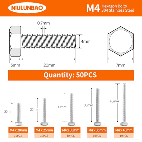 M4 x 20mm 25mm 30mm 35mm 40mm Heavy Duty Hexagon Bolts Hex Head Screws, 304 Stainless Steel, Metric Machine Fully Threaded, Bright Finish, Assortment Kit 50PCS - size: M4 x 20/25/30/35/40mm (50PCS)