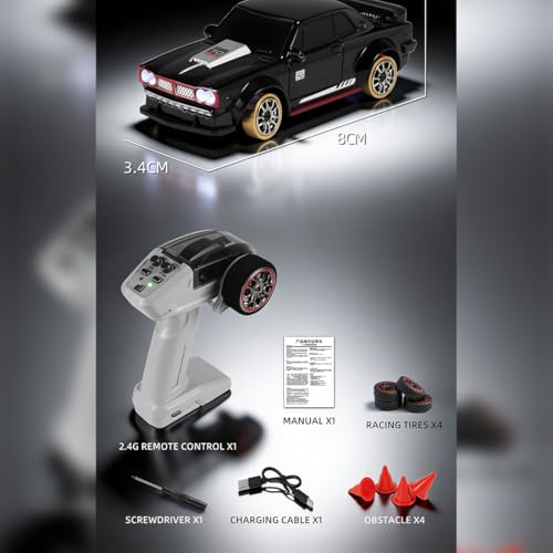 1/64 Scale 2.4G Full-Scale 4WD RC Drift Car, Gyro-Stabilized Steering, Magnetic Charging, Two-Speed Modes (Grey) - color: Grey