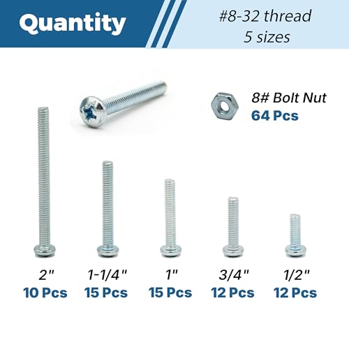 128-Piece #8-32 Machine Screws Assortment Kit – Zinc-Plated Carbon Steel Phillips Pan Head Screws with Nuts, Knobs Cabinet Screw & Electrician Screw Machine Bolts - size: #8-32 – 64 Sets, 5 Sizes
