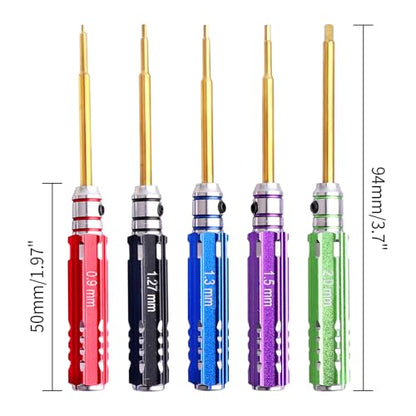 5Pcs Mini 0.9mm 1.27mm 1.3mm 1.5mm 2.0mm Hex Screw Driver Set Titanium Hexagon Screwdriver & 4-way Wrench Tool Kit for Axial SCX24 1/18 1/24 1/28 RC Crawler Truck