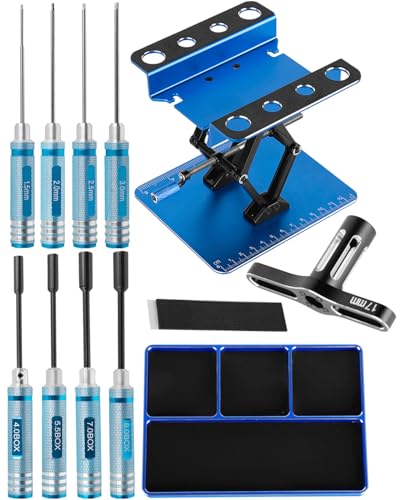 RC Tool Kit w/Height Adjustable Work Stand, 1.5 2.0 2.5 3.0mm Hex, 4.0 5.5 7.0 8.0mm Nut Driver, 17mm Wheel Socket &Screw Tray for 1/10 TRX4 Slash 4X4 BL-2S SCX10 III SENTON L0S1 1/8,Blue - color: Navy Blue(1set)