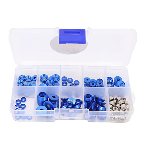 RC Screw Washer Kit Aluminum Alloy CNC Machined Flat Round Cup Head Washers and Nuts for 1/10 1/8 RC Cars, Anodized Lightweight Hardware Set with 125 PCS in Plastic Box (Blue) - color: Blue