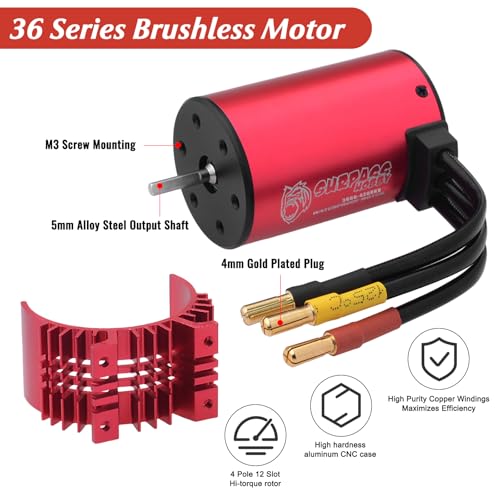 Surpass Hobby 3660 4200KV Motor 60A ESC Combo for 1/10 RC Trucks | 3660 brushless motor with waterproof ESC, CNC aluminum motor housing multi safety protection - size: 4200KV