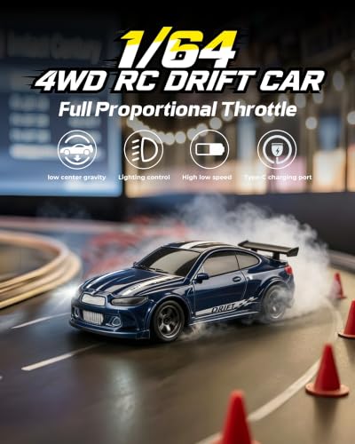 ARRIS 1/64 Micro Desktop RC Drift Car 4WD with 2-Speed Modes RTR | Pocket Size Design, LED Lights, Stunt Driving, Smooth Drifting, Indoor Fun - color: Ocean Blue