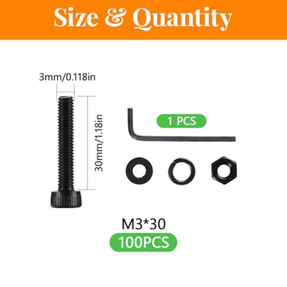 100 Pcs M3 x 30mm Socket Head Screws, Grade 12.9 Alloy Steel Fully Threaded Machine Screws, Metric Bolts Assortment Kit for Furniture Assembly - size: M3x30mm-100pcs