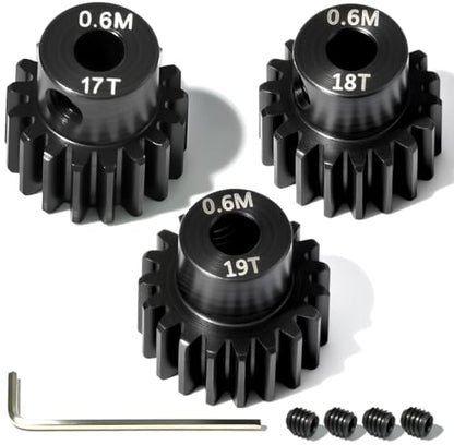 3PCS 0.6M Hardened Steel Pinion Gear Set with 3.175mm Shaft, 0.6 Metric Pitch 17T 18T 19T Pinion Gears for 540 550 Brushed Brushless Motor, Compatible with 1/10 Tamiya Redcat HSP HPI RC Car - size: 17 18 19T