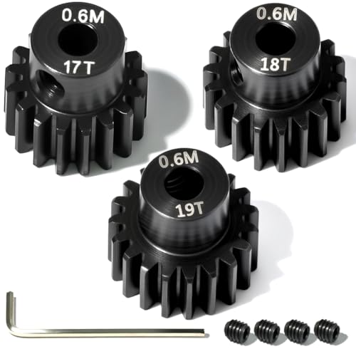 3PCS 0.6M Hardened Steel Pinion Gear Set with 3.175mm Shaft, 0.6 Metric Pitch 17T 18T 19T Pinion Gears for 540 550 Brushed Brushless Motor, Compatible with 1/10 Tamiya Redcat HSP HPI RC Car - size: 17 18 19T