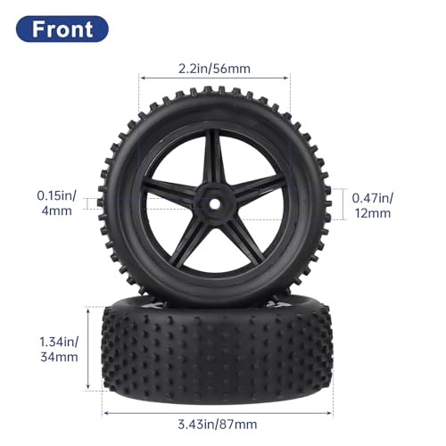 4Pcs Hobbyfire 12mm Hex RC Wheels and Tires All-Terrain 85mm/3.34" RC Rubber Tires, Universal Fit for 1/10 RC Off-Road Buggy - Compatible with Redcat, HPI, HSP, Kyosho (Non-Glued)
