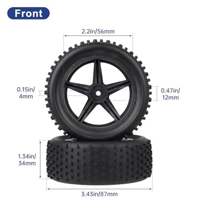 4Pcs Hobbyfire 12mm Hex RC Wheels and Tires All-Terrain 85mm/3.34" RC Rubber Tires, Universal Fit for 1/10 RC Off-Road Buggy - Compatible with Redcat, HPI, HSP, Kyosho (Non-Glued)