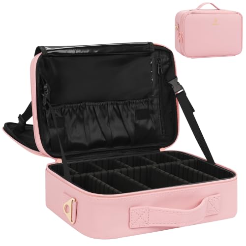 Relavel Makeup Bag Travel Makeup Train Case 13 inches Large Cosmetic Case Professional Portable Makeup Brush Holder Organizer and Storage with Adjustable Dividers and Shoulder Strap (Pink) - color: m pink, size: Medium