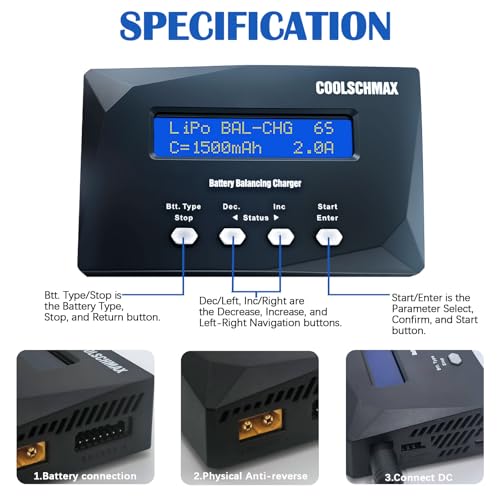 Balance Battery XT60 Charger Discharger, Cell Meter Resistance Tester for 1-6S LiPo, LiFePO4, Li-ion, LiHv, 1-15S NiMH, NiCd, 1-10S Pb, for Drone RC Car