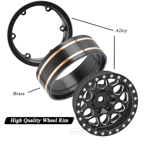 1.3" Beadlock Wheel Tires Set for 1/18 1/24 SCX24 TRX4M RC Crawler Car,Alloy RC Wheel Rims Brass Coating Rings All Terrain RC Tires,Black - color: Black(4pcs)