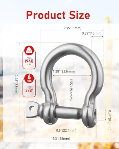 ZORUNNA 6 Pcs 3/8" 304 Stainless Steel D Ring Tow Shackles, Clevis Shackle | Marine Boat Anchor Chain and Line Shackles, for Towing, Engine Lifting, Wheelchair Tie-Downs, Outdoor Rigging - size: 3/8 inch