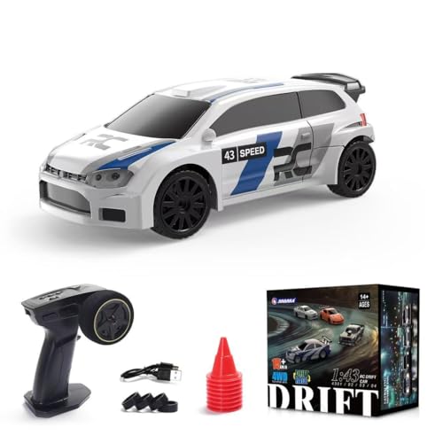 1/43 Scale RC Drift Car, 2.4GHz Full Proportional Mini Racing Car with Lights, 4WD Electric RTR Remote Control Car, Includes Drift & Racing Tires, Traffic Cones, USB Charger,（RTR/Rally Blue） - color: Rally Blue, size: RTR Version
