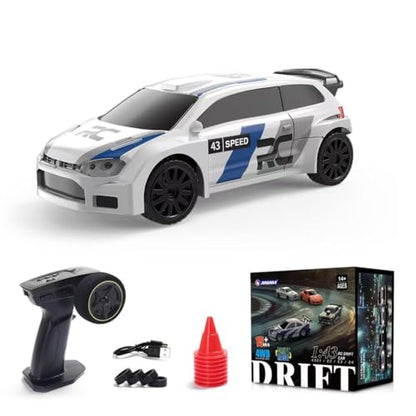 1/43 Scale RC Drift Car, 2.4GHz Full Proportional Mini Racing Car with Lights, 4WD Electric RTR Remote Control Car, Includes Drift & Racing Tires, Traffic Cones, USB Charger,（RTR/Rally Blue） - color: Rally Blue, size: RTR Version