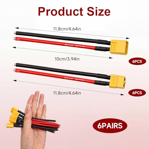 6 Pcs XT60 Connector Plug Cable with Plug and Socket Pigtail Leads, XT60 Connector Adapter with 100 mm Ultra‑Flexible Silicone Wire, Suitable for RC LiPo Battery Drone, Car, Boat (12 Pcs) - color: 12 Pcs
