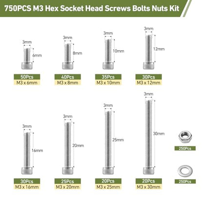 750PCS M3 Screws Assortment Kit, 304 Stainless Steel 18-8 Hex Socket Head Cap Screws Bolts Nuts and Washers Set, M3 x 6/8/10/12/16/20/25/30mm, for 3D Printer - size: SS M3 750PCS Socket Cap