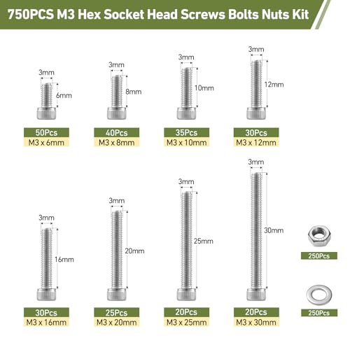 750PCS M3 Screws Assortment Kit, 304 Stainless Steel 18-8 Hex Socket Head Cap Screws Bolts Nuts and Washers Set, M3 x 6/8/10/12/16/20/25/30mm, for 3D Printer - size: SS M3 750PCS Socket Cap