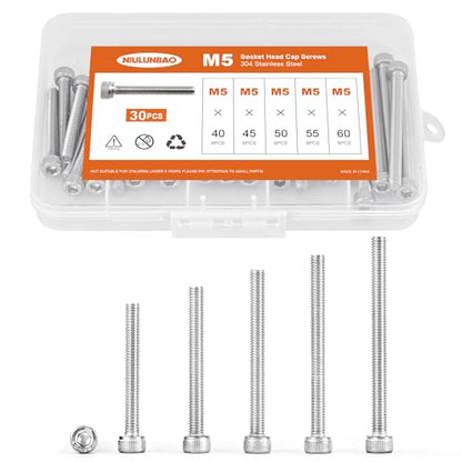 M5 x 40mm 45mm 50mm 55mm 60mm Hex Socket Head Cap Screws Bolts 304 Stainless Steel Allen Hex Drive Metric Machine, Fully Threaded, Assortment Kit 30PCS - size: M5 x 40/45/50/55/60mm (30PCS)