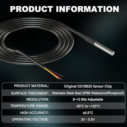 DROK 5 Pack Waterproof DS18B20 Temperature Sensor Probes with a Probe Adapter Board, 3 pin Female to Female Jumper Wires and 5 Pack 4.7K ohm Resistors for Arduino Raspberry Pi DIY