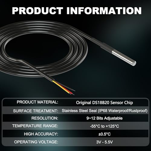 DROK 5 Pack Waterproof DS18B20 Temperature Sensor Probes with a Probe Adapter Board, 3 pin Female to Female Jumper Wires and 5 Pack 4.7K ohm Resistors for Arduino Raspberry Pi DIY