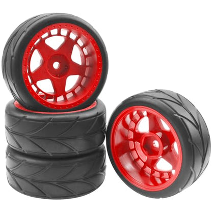 ShareGoo RC OD 2.55" Nylon 12mm Hex Wheels & Rubber Tires Set Compatible with Traxxas Tamiya Sakura HSP Redcat 1/10 RC On-Road Touring Drift Car (Red) - color: Red
