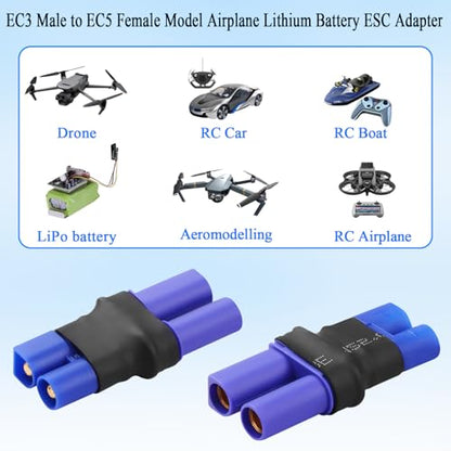 QIANRENON EC3 to EC5 RC Battery ESC Adapter 25A EC3 Male to EC5 Female Lithium Battery Connector Gold Plated EC3 Plug to EC5 Socket Converter, for Model Airplane Lipo Battery Drone, 2Pcs