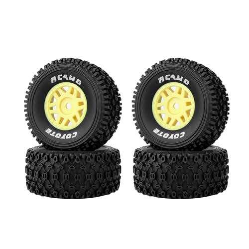 RCAWD Mojave Grom & 1/16 Slash 4X4 Pre-Glued Wheel Tire Set, Balance Grip & Durability Nylon Rubber 12mm Hex Adapter 4mm for Traxxas & ARRMA Upgrades Part All Terrain Adaptation 4pcs Yellow - color: Yellow