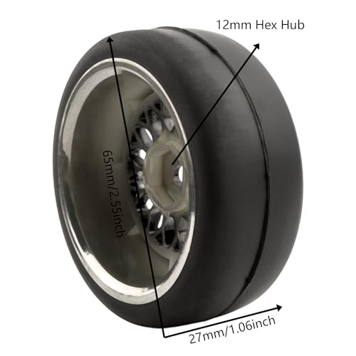 4-Pack RC 1/10 Scale On Road Slick Tires OD2.55 Rubber Wheel Rims 12mm Hex Compatible with Traxxas 4 Tec 2.0 Tamiya TT01 XV01 Kyosho WR8 Sakura WLtoys HPI Touring Racing Car - color: Black