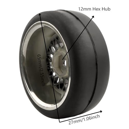 4-Pack RC 1/10 Scale On Road Slick Tires OD2.55 Rubber Wheel Rims 12mm Hex Compatible with Traxxas 4 Tec 2.0 Tamiya TT01 XV01 Kyosho WR8 Sakura WLtoys HPI Touring Racing Car - color: Black