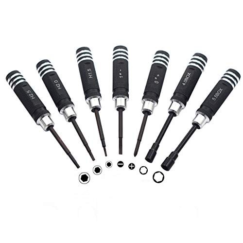 7PCS Hex Screw Driver Set - H1.5, 2.0, 2.5mm Hex, 4.0, 5.5mm Spanner, 0#, 1# Slot Screwdriver Kit for RC Helicopter, Airplane, Robotics, Car