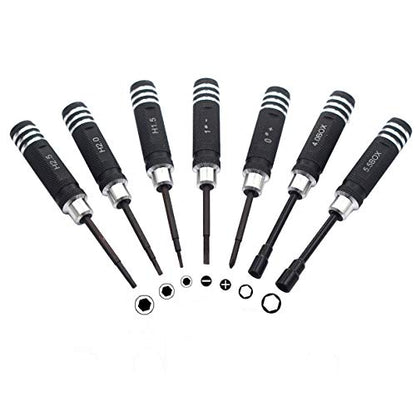 7PCS Hex Screw Driver Set - H1.5, 2.0, 2.5mm Hex, 4.0, 5.5mm Spanner, 0#, 1# Slot Screwdriver Kit for RC Helicopter, Airplane, Robotics, Car