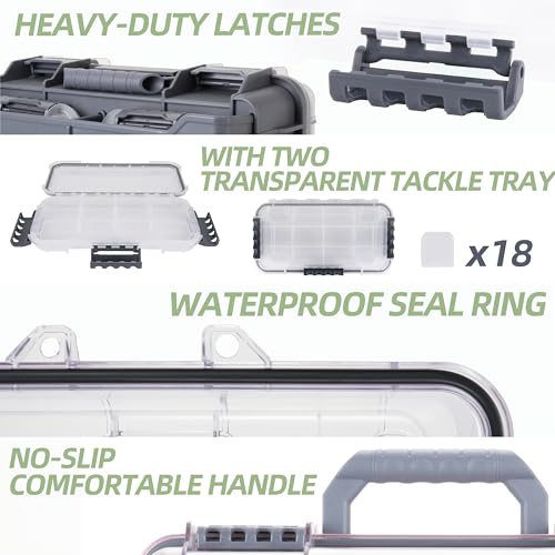RUNCL Universal Fishing Tackle Box with Two Small Tackle Tray, Removal Inside Design Waterproof Trunk Storage Box, Thicker Floating Airtight Stowaway, Xmas Surprise Fishing Gifts for Men Women - color: Grey
