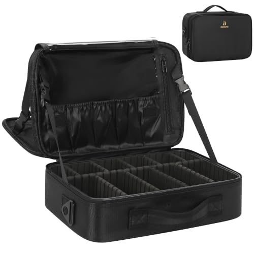Relavel Makeup Bag Travel Makeup Train Case Large Cosmetic Case Professional Portable Makeup Brush Holder Organizer and Storage with Adjustable Dividers and Shoulder Strap Black - color: m Black, size: Medium