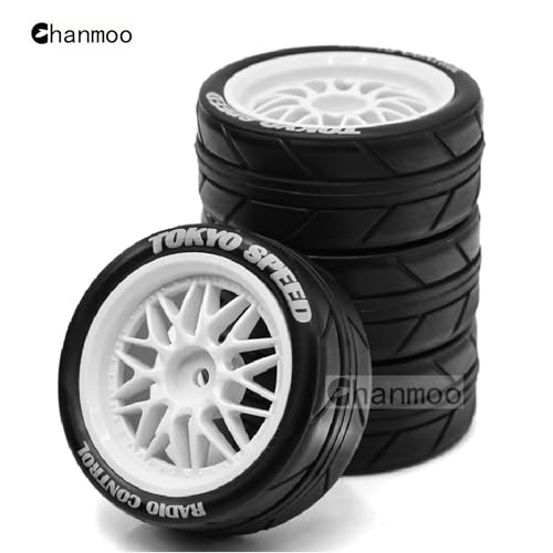 1/10 RC On Road Tires And Plastic Rally Wheels 12mm Hex Drift Tyres For 1:10 Scale Racing Touring Street Car Tamiya TT01 TT02 XV01 TA06 A959 144001 HPI KYOSHO HSP PTG2 Traxxas 4PCS (White) - color: White