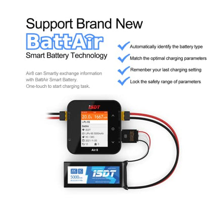 ISDT Air8 Lipo Battery Charger, Balance Charger Discharger 20A 500W DC 1-8S LCD Display Digital Smart Battery Balance Charger Li-Po Li-Hv Li-Ion Li-Fe NiMH Ni-Cd Pb