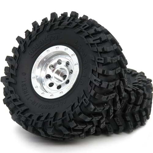 RC 64mm Tall 1.0 beadlock wheels tires, 1.0 Tires Tyres & Metal 1.0 wheels +1mm & -3mm offset Rims Silver For RC Mini Crawler Trail 1/24 SCX24 FMS24 FCX24 1/18 TRX4M
