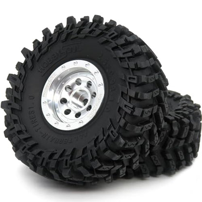 RC 64mm Tall 1.0 beadlock wheels tires, 1.0 Tires Tyres & Metal 1.0 wheels +1mm & -3mm offset Rims Silver For RC Mini Crawler Trail 1/24 SCX24 FMS24 FCX24 1/18 TRX4M