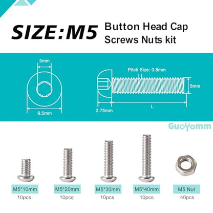M5 x 10mm 20mm 30mm 40mm Button Head Socket Cap Screws Bolts and Nuts, Stainless Steel 304, Bright Finish, Metric Allen Hex Drive, Fully Thread, Assortment Kit 80PCS - size: Button M5x10-40mm+Nuts