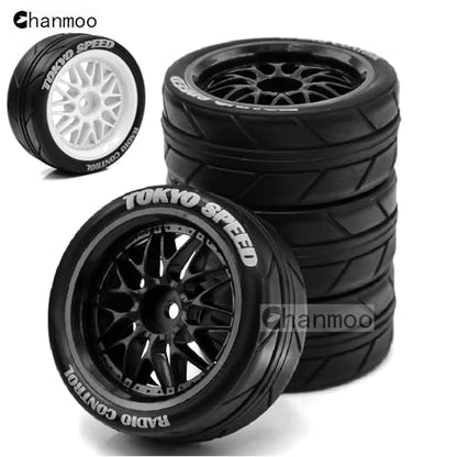 1/10 RC On Road Tires And Plastic Rally Wheels 12mm Hex Drift Tyres For 1:10 Scale Racing Touring Street Car Tamiya TT01 TT02 XV01 TA06 A959 144001 HPI KYOSHO HSP PTG2 Traxxas 4PCS (Black) - color: Black