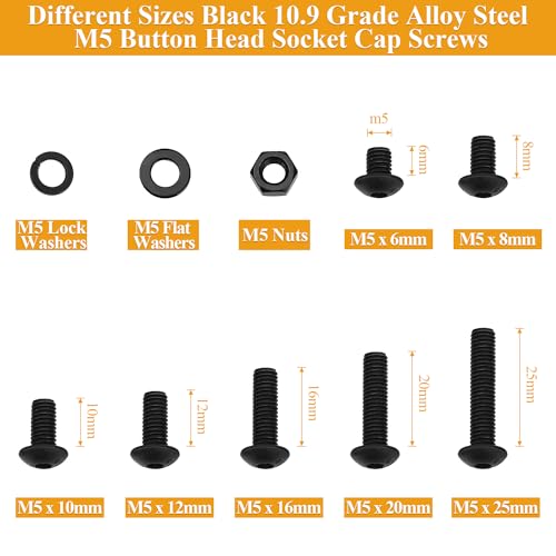 245 Pieces M5 Screws Nuts Washers Set Black, Sutemribor M5 x 6/8/10/12/16/20/25mm Button Head Socket Cap Screws Nuts Washers Assortment Kit, 10.9 Grade Alloy Steel, Fully Threaded - size: M5, style: Button Head Socket Cap