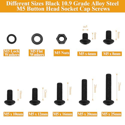 245 Pieces M5 Screws Nuts Washers Set Black, Sutemribor M5 x 6/8/10/12/16/20/25mm Button Head Socket Cap Screws Nuts Washers Assortment Kit, 10.9 Grade Alloy Steel, Fully Threaded - size: M5, style: Button Head Socket Cap
