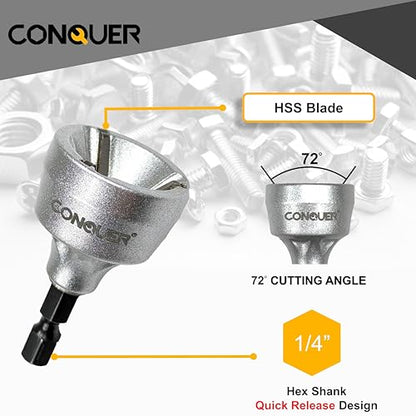 CONQUER Deburring External Chamfer Tool, All Thread Reamer, 1/8"-3/4" | HSS Blade, Quick-Release 1/4" Hex Shank Fits Copper, Aluminum, Brass & PVC Pipe - size: HSS 1/8"-3/4"(3mm-19mm)
